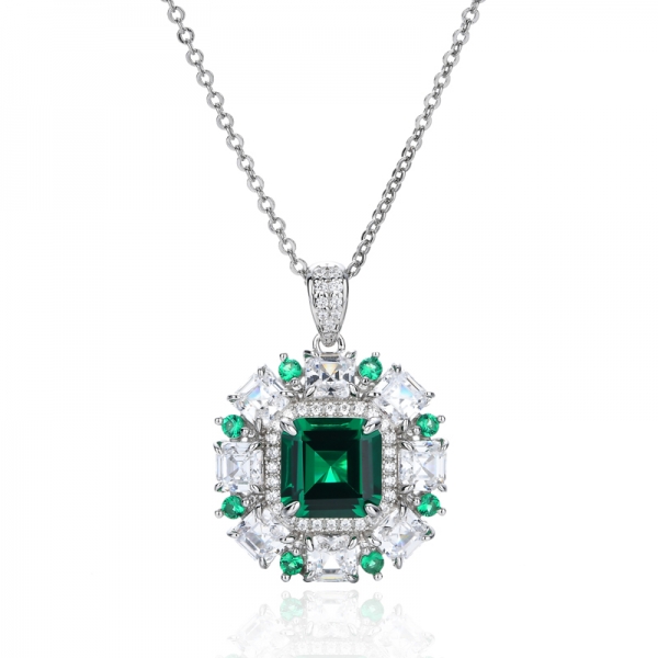 Pendentif Asscher en argent rhodié avec nano vert et zircon cubique blanc 