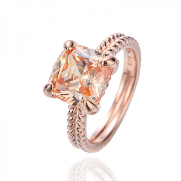 Bague Coussin Champagne Zircon Cubique Argent Plaqué Or Rose 