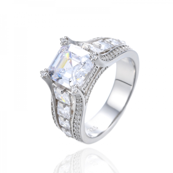 Bague Asscher et carré en argent rhodié et zircon cubique rose 