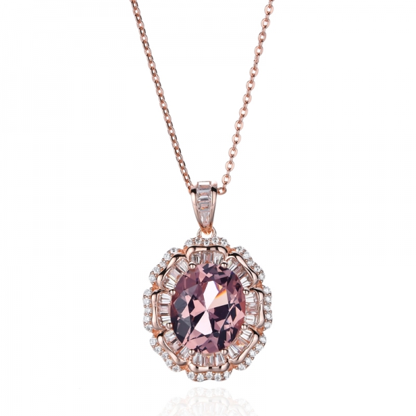 Pendentif en argent morganite nano et zircon cubique blanc de forme ovale avec placage en or rose 