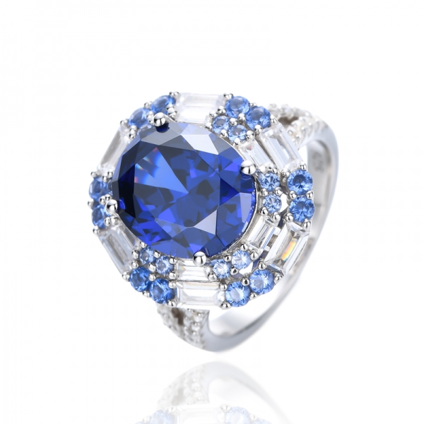 Zircone cubique de tanzanite de forme ovale et bague ronde en argent nano rhodié 