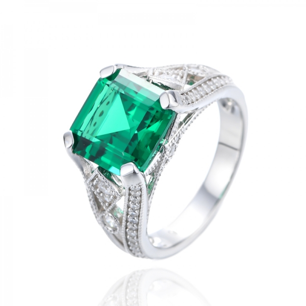 Bague Asscher en argent rhodié et nano vert avec zircone cubique blanche ronde 