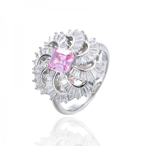 Bague Asscher en argent rhodié et zircon cubique rose et blanc 