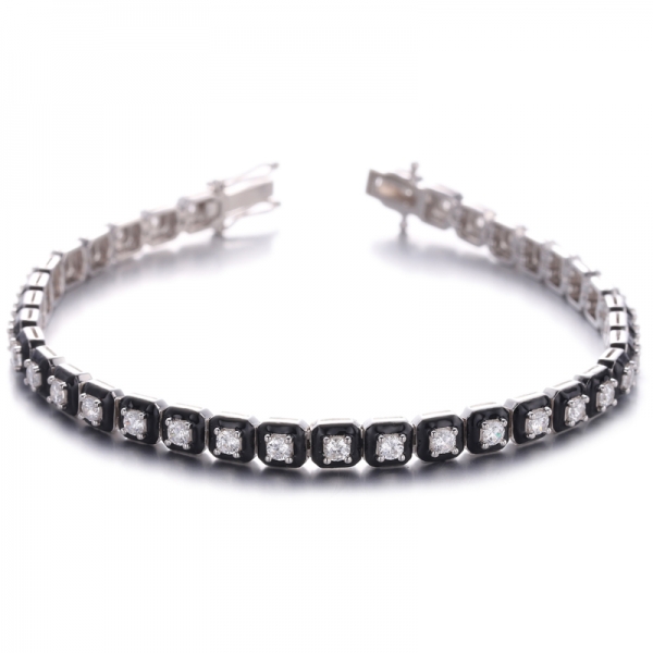 Bracelet en argent plaqué rhodium avec émail noir et zircons cubiques blancs 