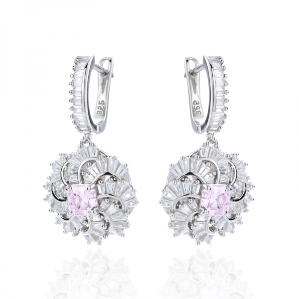 Boucle d'oreille Asscher en argent rhodié et zircon cubique rose et blanc 