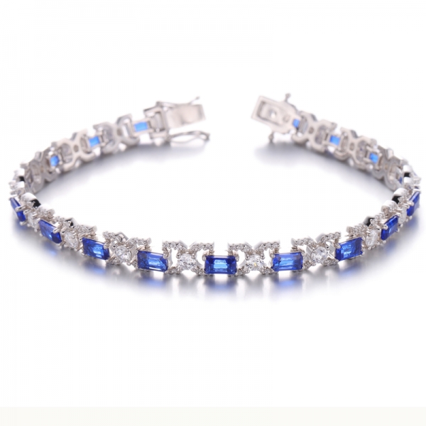 Bracelet Baguette Bleu Nano Et Zircon Cubique Blanc Rond Rhodié Argent 