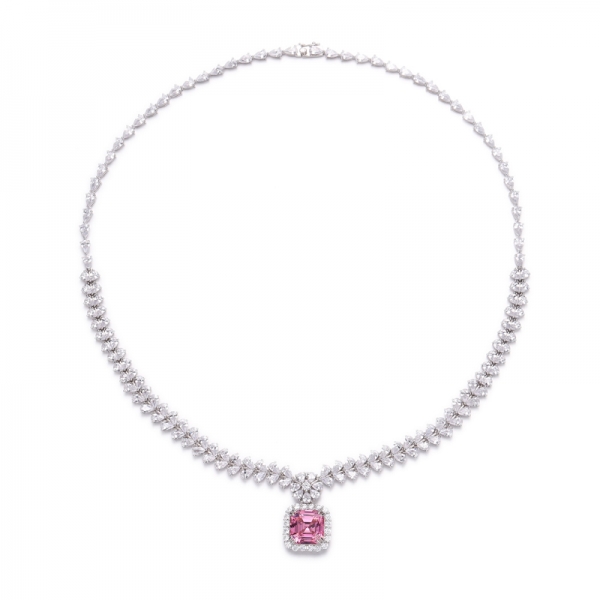 Collier Asscher en argent plaqué rhodium avec zircons cubiques roses et blancs 