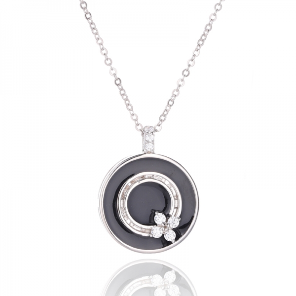 Pendentif En Argent Rhodié Émail Gris Et Zircon Cubique Blanc Rond 