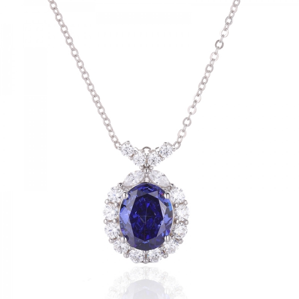 Pendentif en argent rhodié avec tanzanite et zircon cubique blanc de forme ovale 