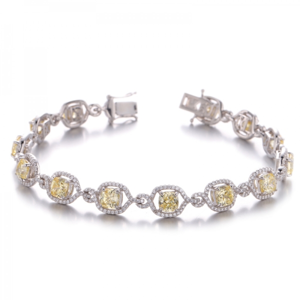 Bracelet en argent plaqué rhodium avec zircons cubiques blancs ronds et jaunes coussin 