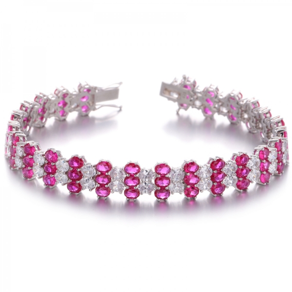 Oval Shape Ruby Corundum And White Cubic Zirconia Rhodium Plating Silver Bracelet 