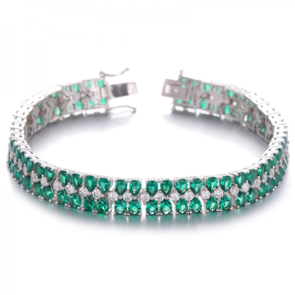 Bracelet en argent plaqué rhodium avec nano vert en forme de poire et zircone cubique blanche ronde 