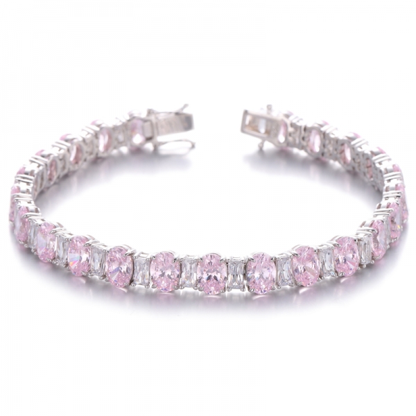 Bracelet en argent plaqué rhodium avec zircone cubique blanche de forme ovale rose et baguette 