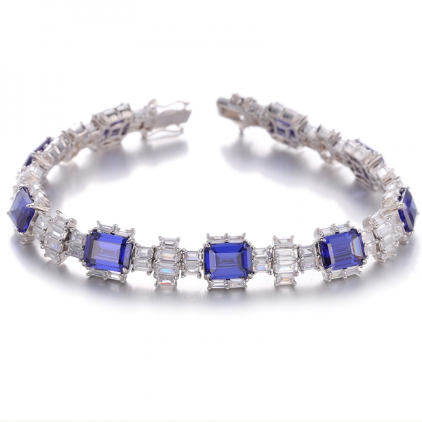 Bracelet en argent plaqué rhodium avec tanzanite et baguette en forme d'émeraude, zircone cubique blanche 