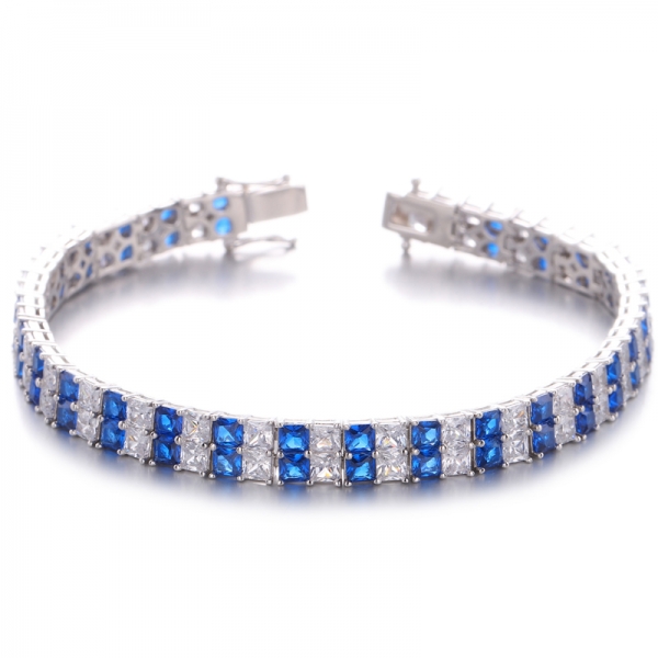 Bracelet octogone en argent plaqué rhodium avec nano bleu et zircone cubique blanche 