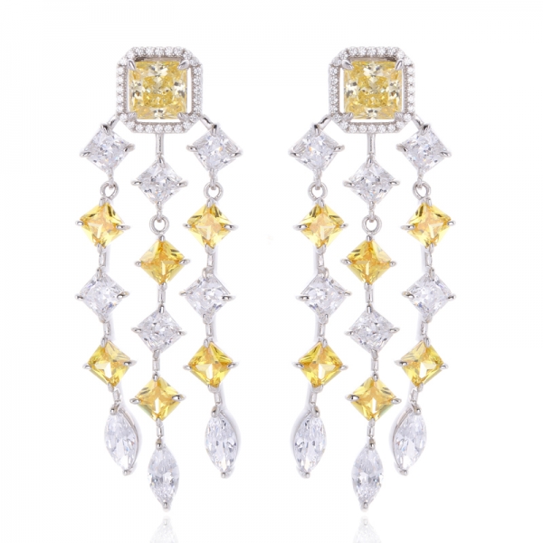 Boucle d'oreille en argent rhodié et zircon cubique jaune et blanc de forme octogonale 