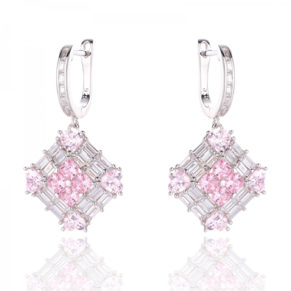 Boucle d'oreille octogonale en argent rhodié et zircon cubique rose et blanc 