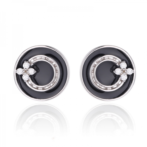 Boucle d'oreille émail gris et zircon cubique blanc rond en argent rhodié 