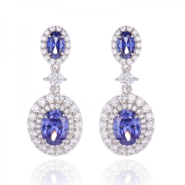 Boucle d'oreille en argent rhodié avec tanzanite et zircone cubique blanche de forme ovale 