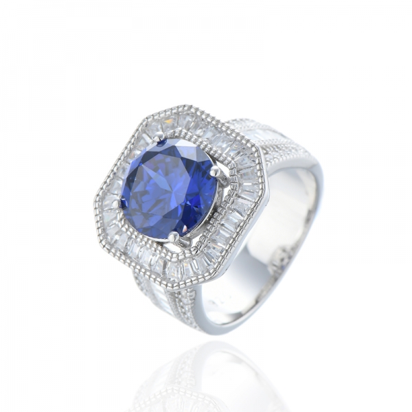 Bague ronde en argent rhodié avec tanzanite et zircon cubique blanc 