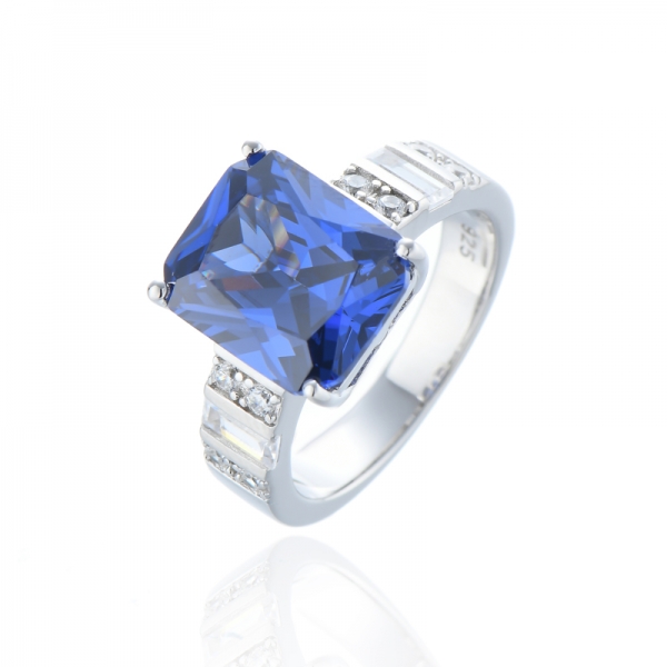 Bague octogonale en argent rhodié avec tanzanite et zircon cubique blanc 925 