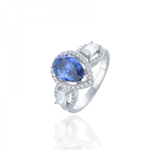 Bague en argent rhodié avec tanzanite et zircon cubique blanc en forme de poire 