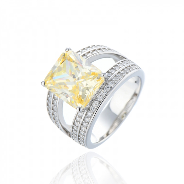 Bague Octogone Diamant Jaune Et Rond Blanc Zircon Cubique Rhodié Argent 