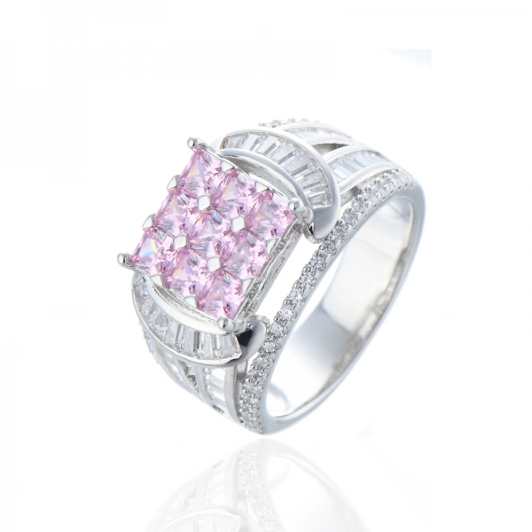 Bague octogonale en argent rhodié et zircon cubique rose et blanc 