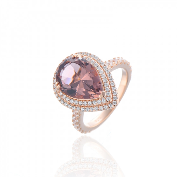 Bague en argent morganite nano et zircon cubique blanc rond en forme de poire avec placage en or rose 