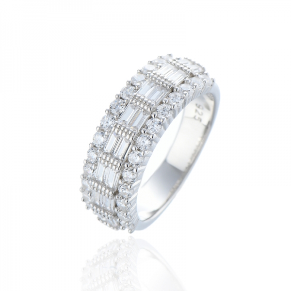 Bague Baguette Et Ronde En Argent Rhodié Avec Zircon Cubique Blanc 