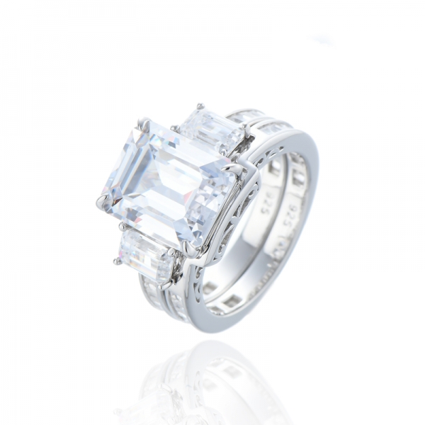 Bague en argent rhodié avec zircon cubique blanc taille émeraude 925 et baguette 