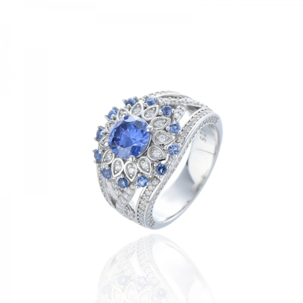 Bague ronde en argent rhodié avec tanzanite et zircon cubique blanc rond 