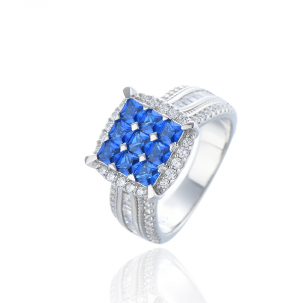 Bague Octogone en Argent Rhodié Nano Bleu et Zircon Cubique Blanc 