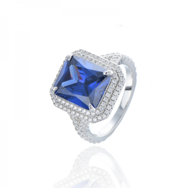 Bague octogone en argent rhodié avec tanzanite et zircon cubique blanc rond 