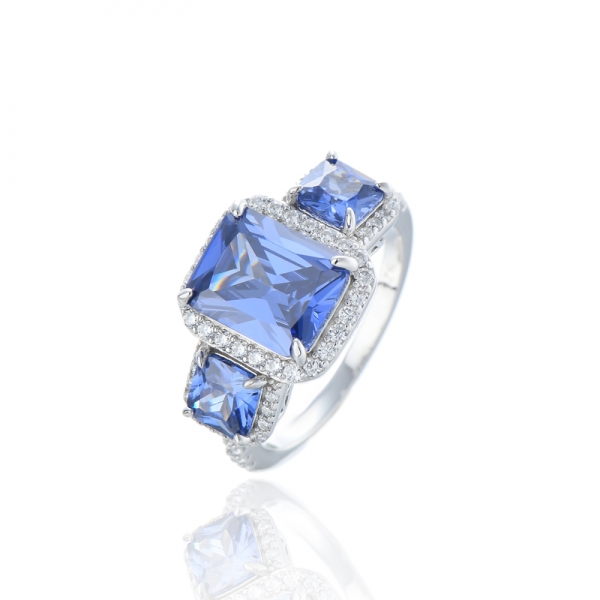 Bague en argent rhodié avec tanzanite octogonale 925 et zircon cubique blanc rond 