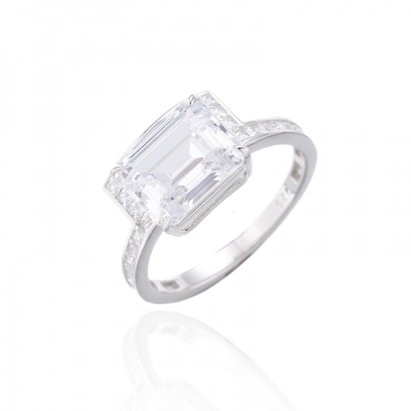 Bague en argent rhodié avec diamant émeraude rose et carré blanc zircon cubique 