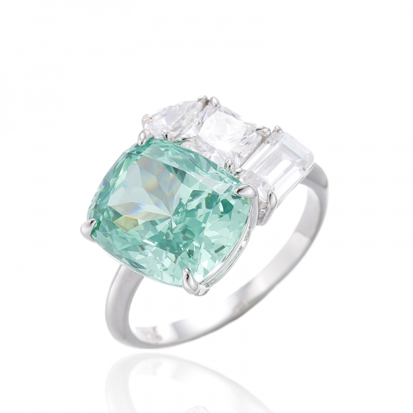 Bague Coussin Paraiba Et Zircon Cubique Blanc Argent Rhodié 