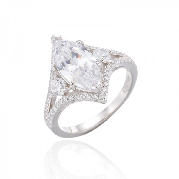 Bague Marquise Et Ronde En Argent Rhodié Avec Zircon Cubique Blanc 