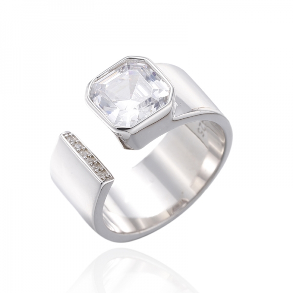 Bague ouverte en argent rhodié avec diamant carré rose et zircon cubique blanc rond 