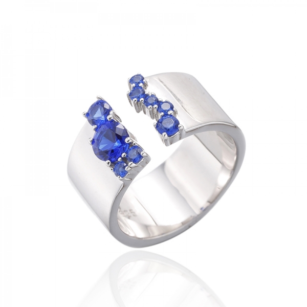 Bague ouverte ronde en argent nano rhodié bleu 925 