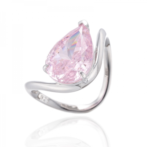 Bague en argent rhodié avec zircon cubique rose et diamant en forme de poire 