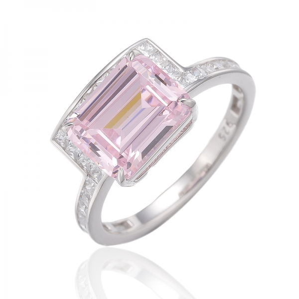 Bague en argent rhodié avec diamant émeraude rose et carré blanc zircon cubique 