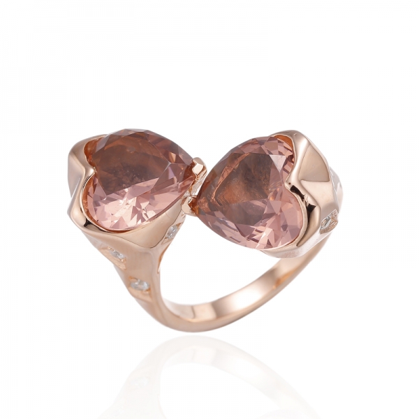 Bague en argent rhodié en morganite nano et zircon cubique blanc rond en forme de cœur 