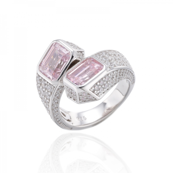 Bague en argent rhodié en Morganite Nano et Zircon cubique blanc rond en forme d'émeraude 