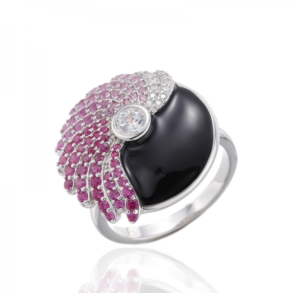 Bague en argent rhodié émail noir et zircon cubique blanc rond 