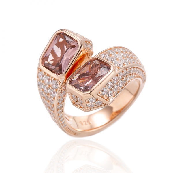 Bague en argent rhodié en Morganite Nano et Zircon cubique blanc rond en forme d'émeraude 