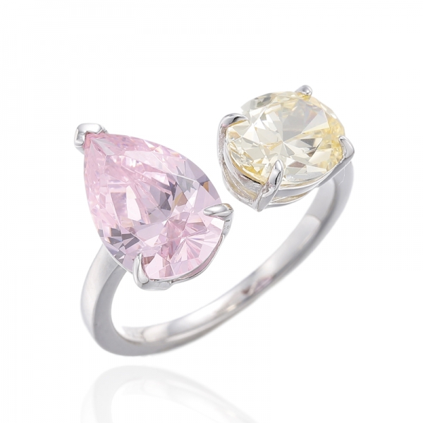 Bague ouverte en argent rhodié, diamant en forme de poire, diamant rose et ovale, Zircon cubique jaune 