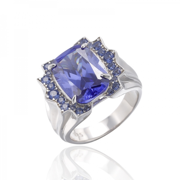 Bague Coussin Et Ronde Tanzanite Zircon Cubique Argent Rhodié 