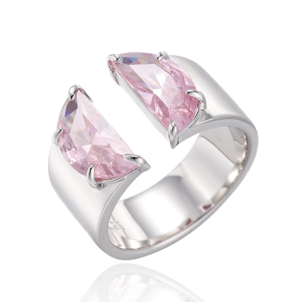 Bague ouverte en argent rhodié et zircon cubique rose en forme de demi-lune 