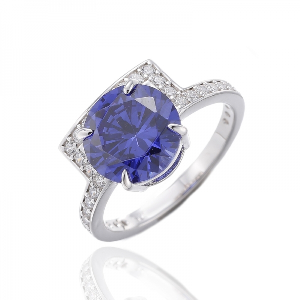 Bague ronde en argent rhodié avec tanzanite et zircon cubique blanc 